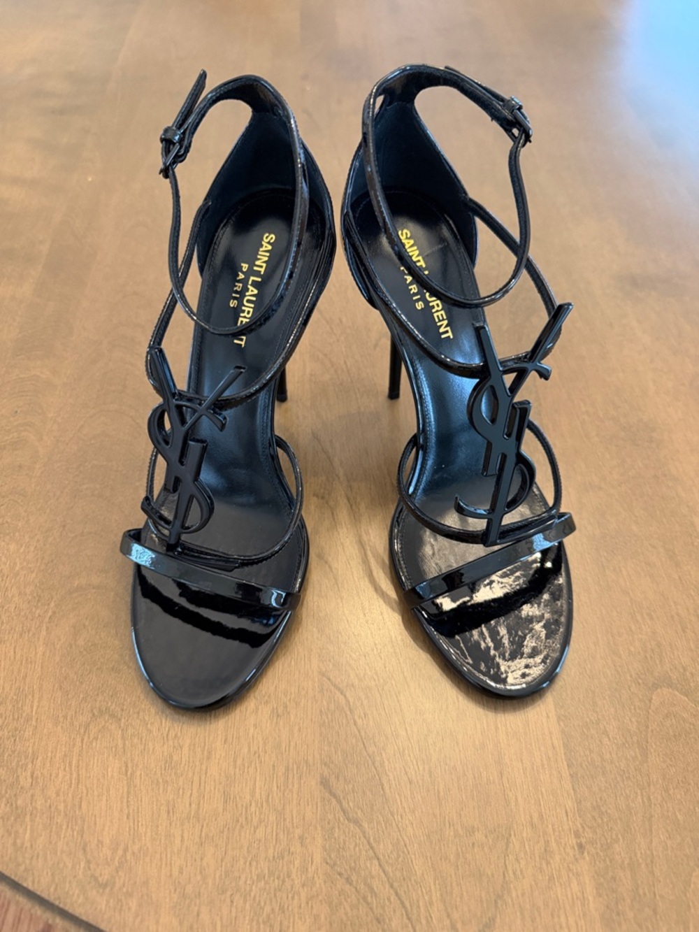Saint Laurent Black Patent Leather YSL Logo Heeled Sandals - Picture 3 of 7